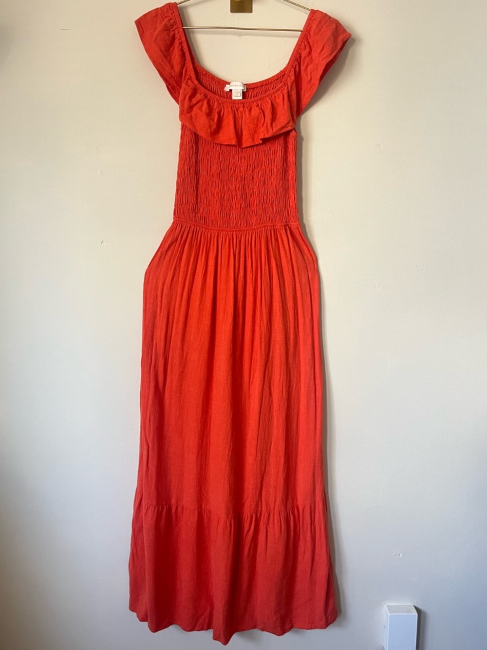 Monteau orange linen Spring Cottagecore Off-Shoulder Smocked Maxi Dress M